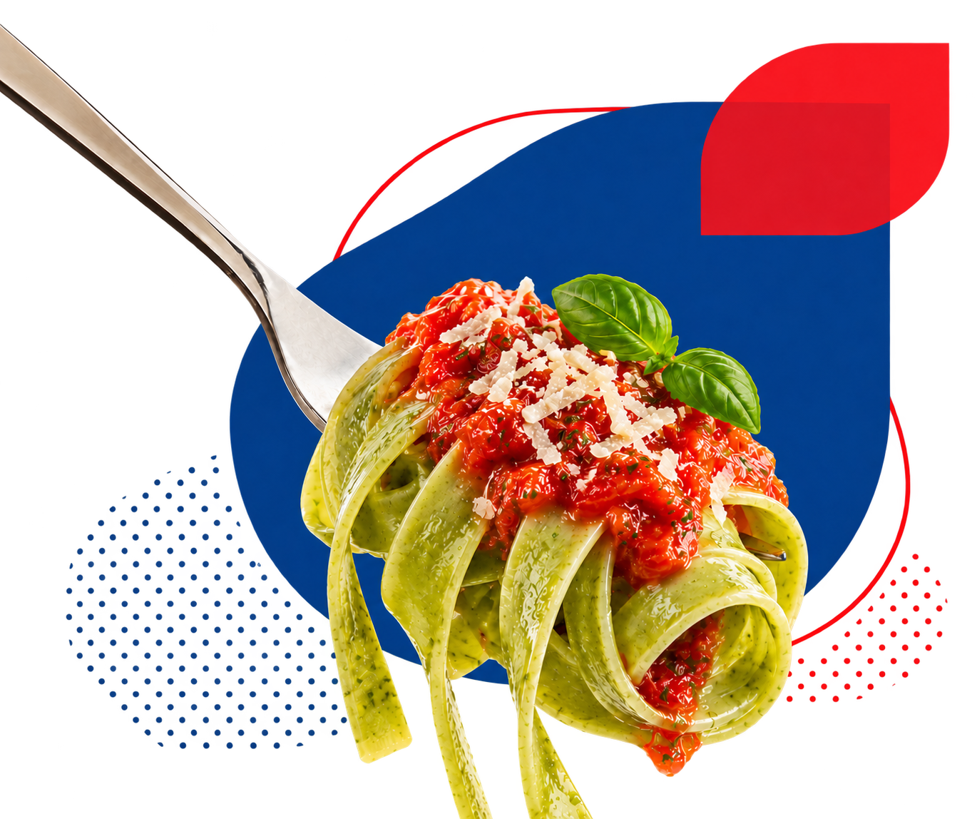 Pasta verde con salsa de tomate, albahaca y queso en un tenedor, con formas gráficas rojas y azules